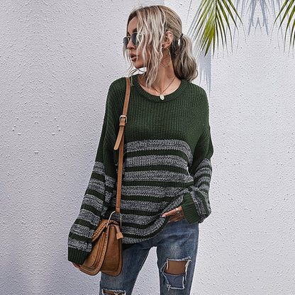 Loose Striped Knit Pullover with Crew Neck
