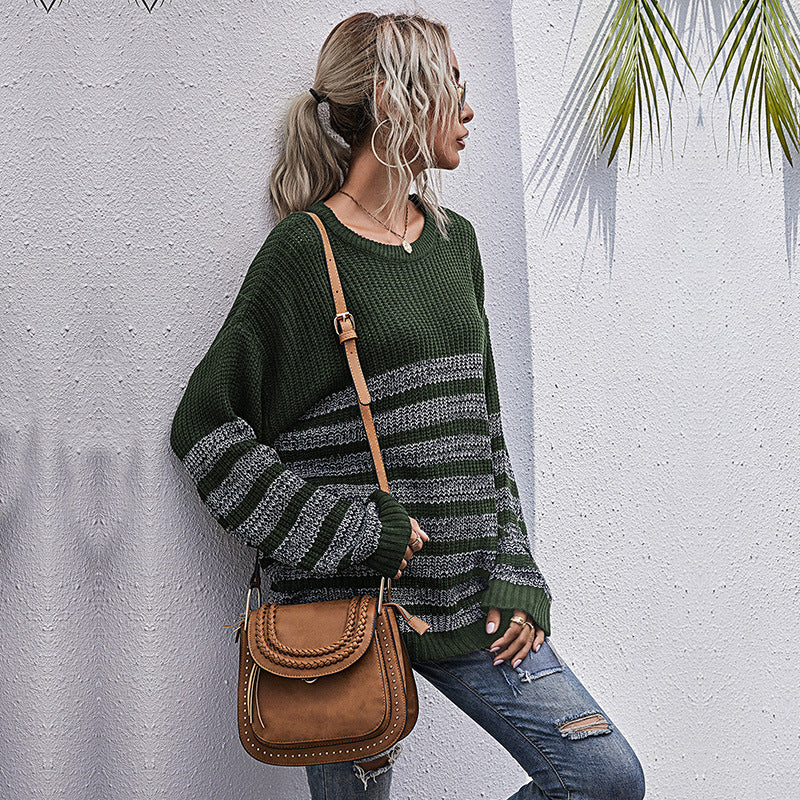 Loose Striped Knit Pullover with Crew Neck