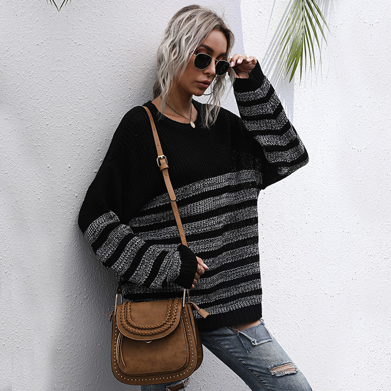 Loose Striped Knit Pullover with Crew Neck