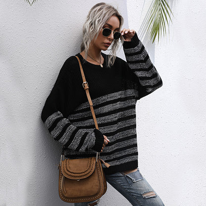 Loose Striped Knit Pullover with Crew Neck