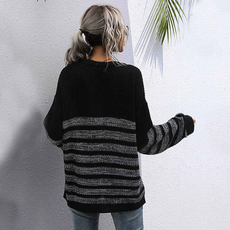 Loose Striped Knit Pullover with Crew Neck