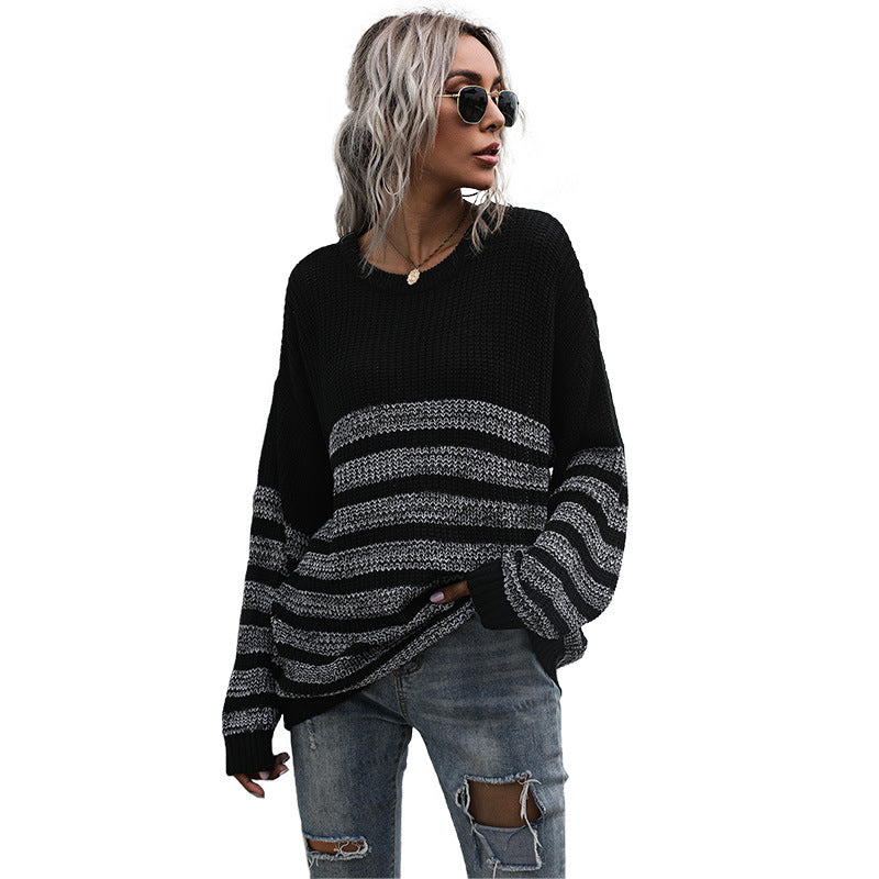 Loose Striped Knit Pullover with Crew Neck