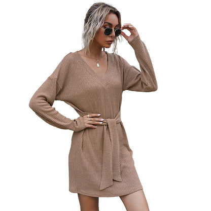 Ribbed Knit Sweater Dress with V-Neck and Tie Waist