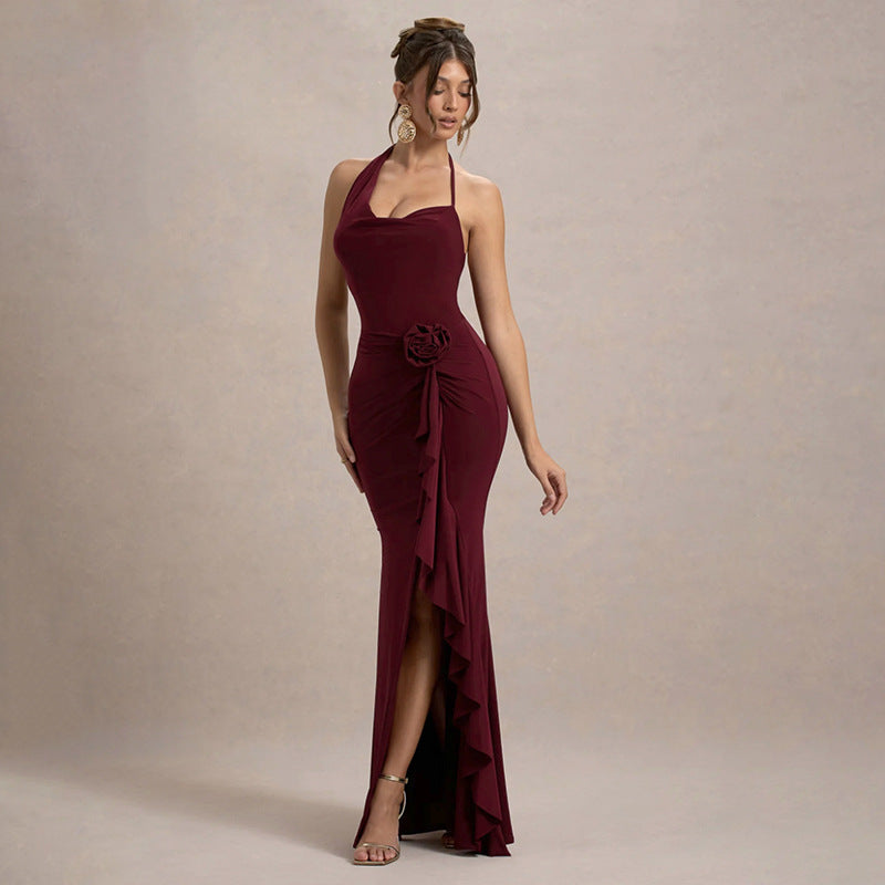 Bodycon Maxi Dress with Halter Neck and Rosette Detail