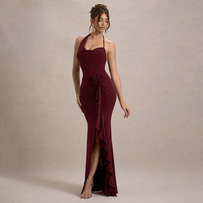 Bodycon Maxi Dress with Halter Neck and Rosette Detail