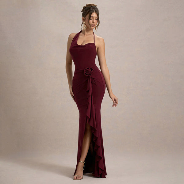 Bodycon Maxi Dress with Halter Neck and Rosette Detail