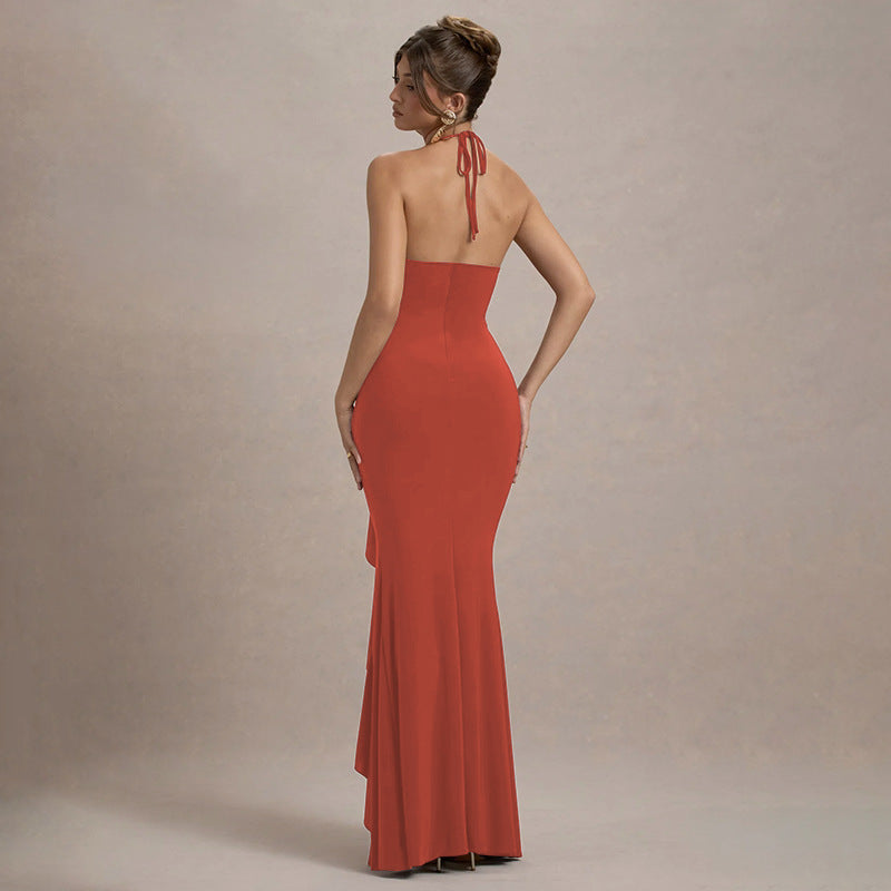 Bodycon Maxi Dress with Halter Neck and Rosette Detail