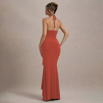 Bodycon Maxi Dress with Halter Neck and Rosette Detail