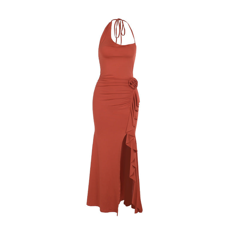 Bodycon Maxi Dress with Halter Neck and Rosette Detail