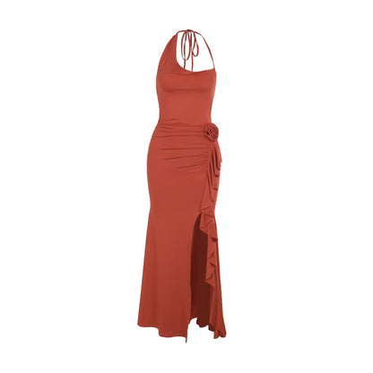 Bodycon Maxi Dress with Halter Neck and Rosette Detail
