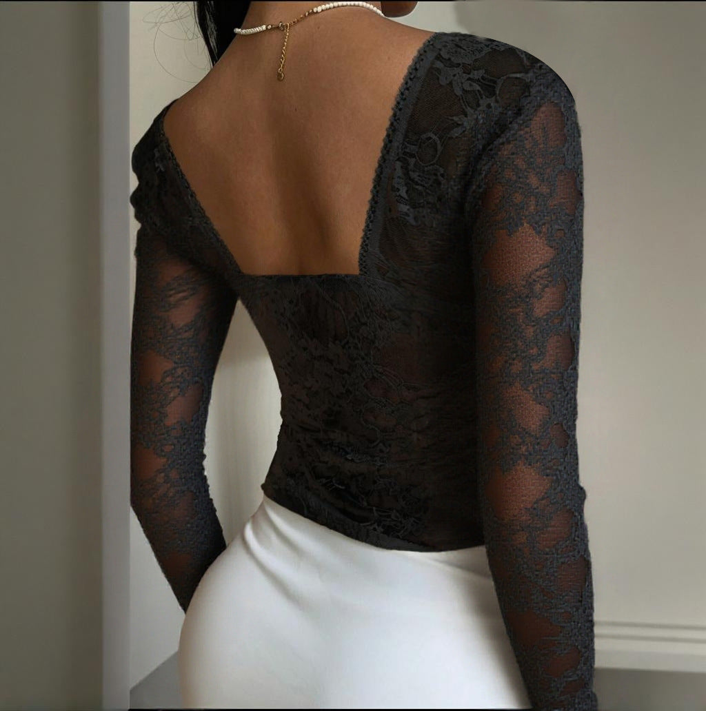 Long-Sleeved Lace Top with Sweetheart Neck and Ruffle Hem