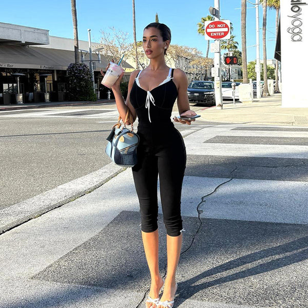 Bodycon Cropped Jumpsuit with Contrasting Trim and Bow Detail