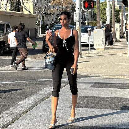 Bodycon Cropped Jumpsuit with Contrasting Trim and Bow Detail