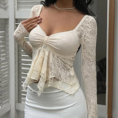 Long-Sleeved Lace Top with Sweetheart Neck and Ruffle Hem