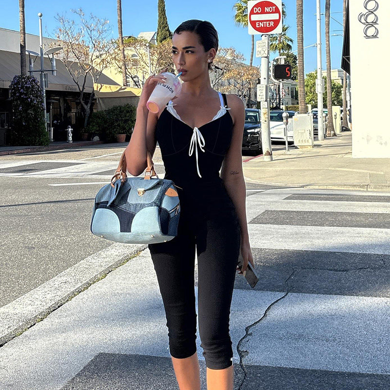 Bodycon Cropped Jumpsuit with Contrasting Trim and Bow Detail