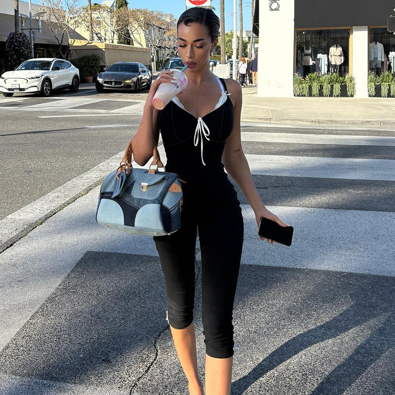 Bodycon Cropped Jumpsuit with Contrasting Trim and Bow Detail