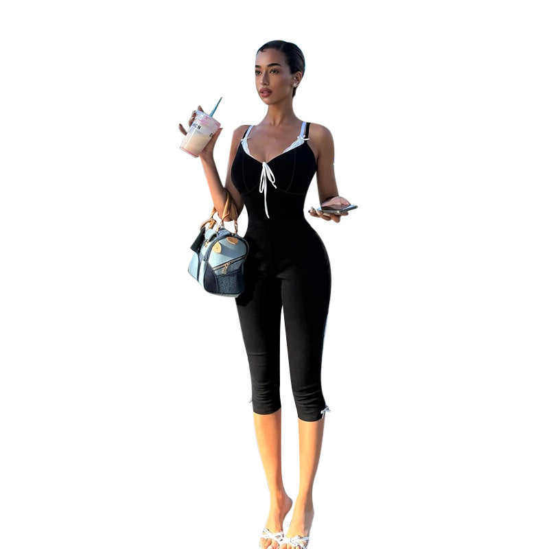 Bodycon Cropped Jumpsuit with Contrasting Trim and Bow Detail