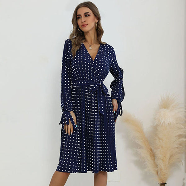 Navy Polka Dot A-Line Midi Dress with V-Neck and Tie Cuffs
