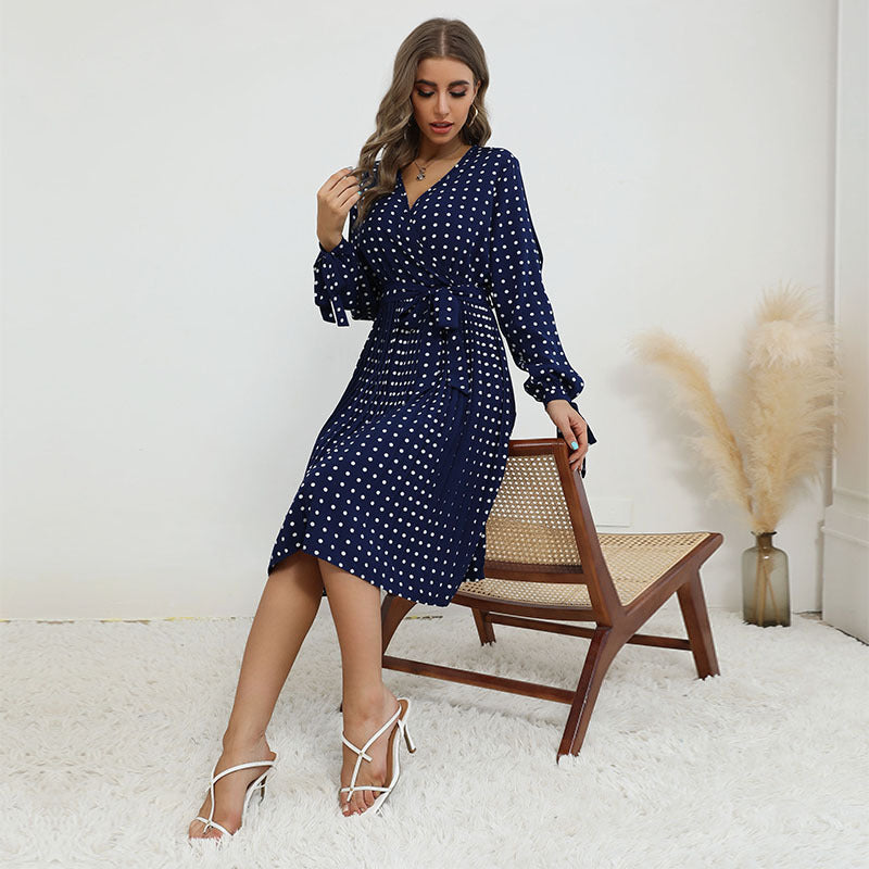 Navy Polka Dot A-Line Midi Dress with V-Neck and Tie Cuffs
