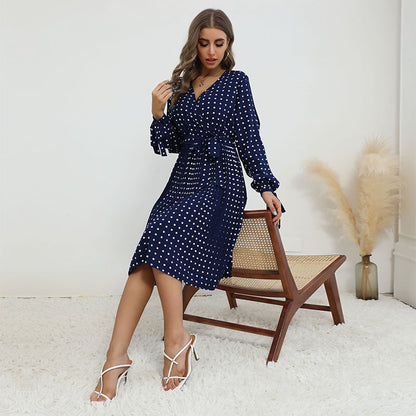 Navy Polka Dot A-Line Midi Dress with V-Neck and Tie Cuffs