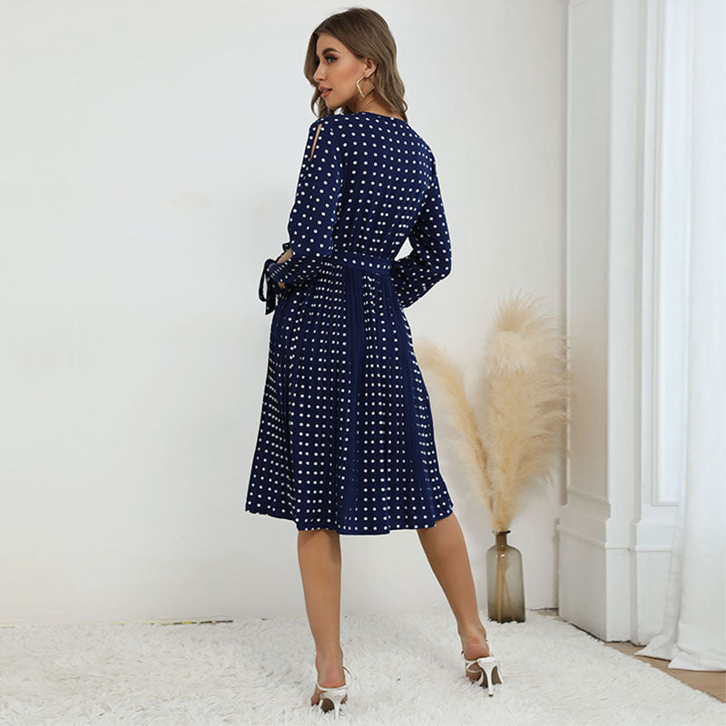Navy Polka Dot A-Line Midi Dress with V-Neck and Tie Cuffs