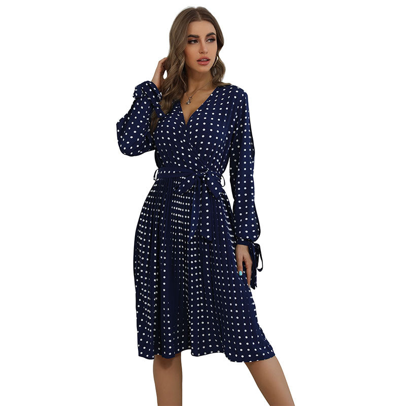Navy Polka Dot A-Line Midi Dress with V-Neck and Tie Cuffs