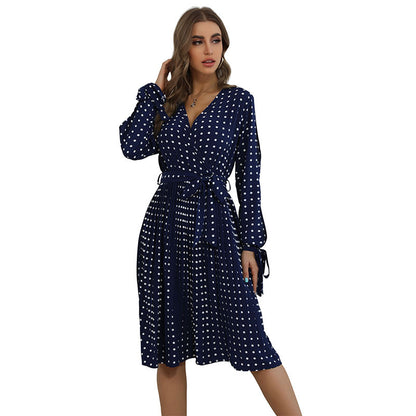 Navy Polka Dot A-Line Midi Dress with V-Neck and Tie Cuffs