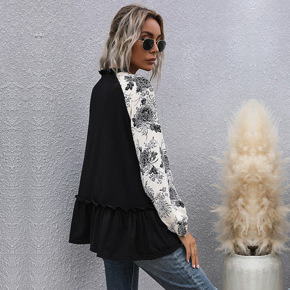 Loose Floral Raglan Tunic with Tassel V-Neck and Ruffled Hem