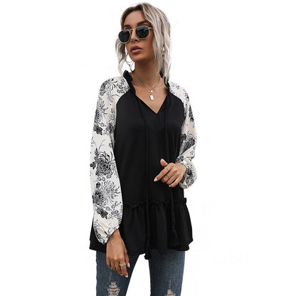 Loose Floral Raglan Tunic with Tassel V-Neck and Ruffled Hem