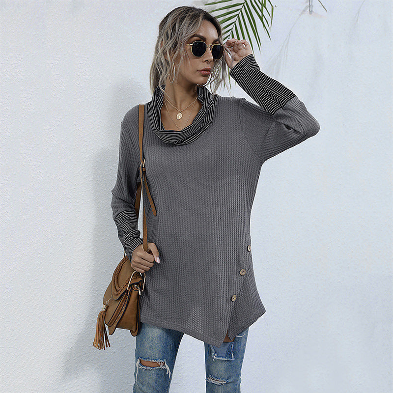 Loose Waffle Knit Tunic with Stacked Collar and Button Detail