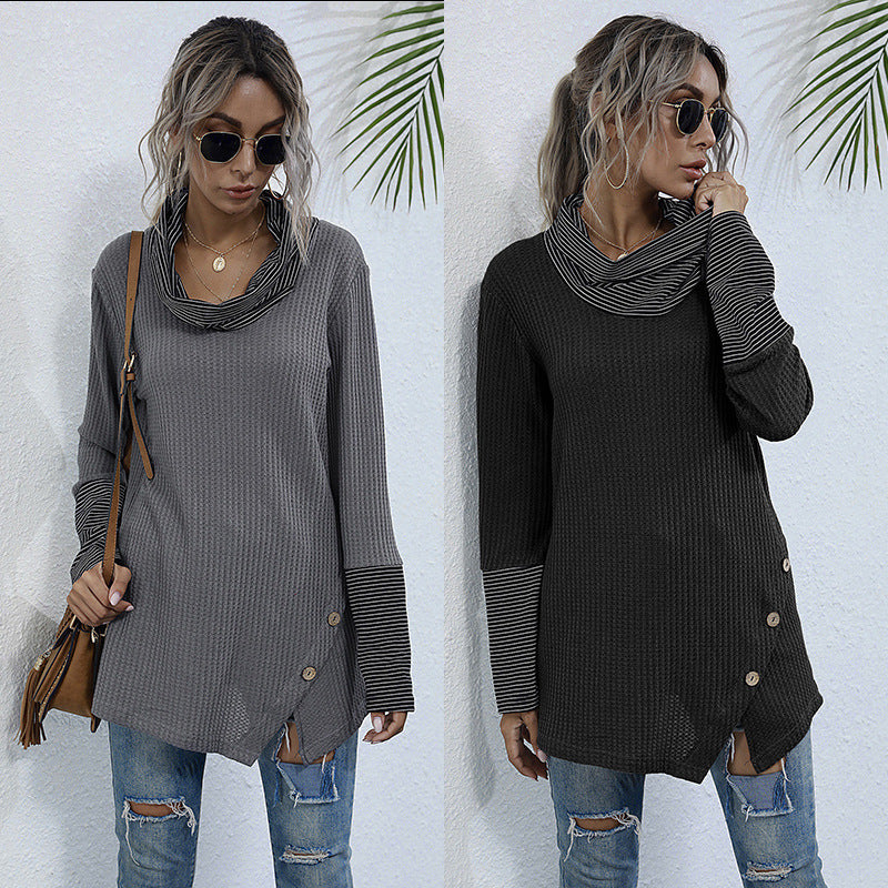 Loose Waffle Knit Tunic with Stacked Collar and Button Detail