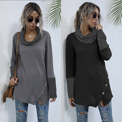 Loose Waffle Knit Tunic with Stacked Collar and Button Detail
