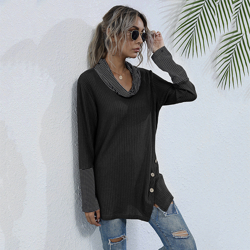 Loose Waffle Knit Tunic with Stacked Collar and Button Detail