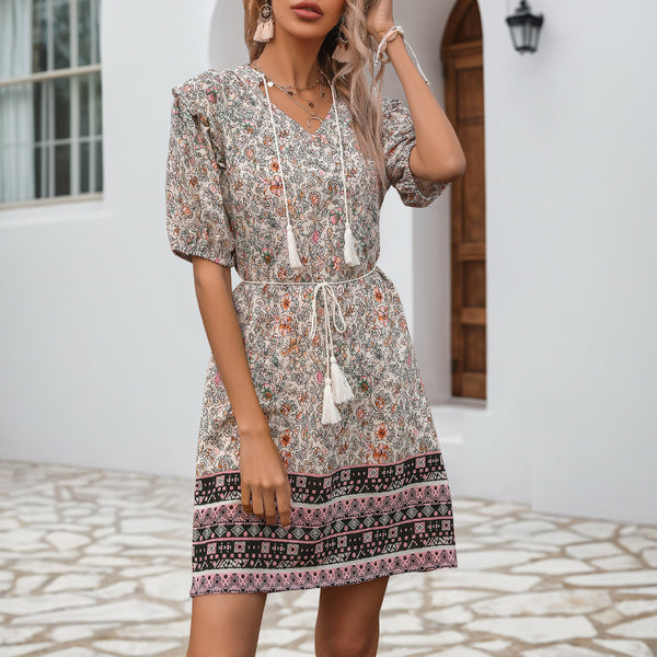 Floral A-Line Mini Dress with Puff Sleeves and Tassel Tie