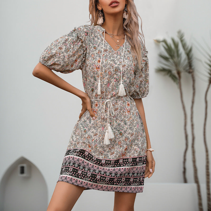 Floral A-Line Mini Dress with Puff Sleeves and Tassel Tie