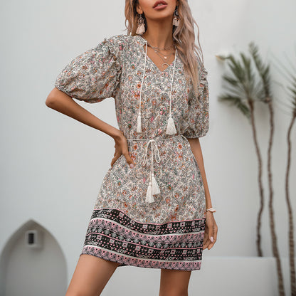 Floral A-Line Mini Dress with Puff Sleeves and Tassel Tie