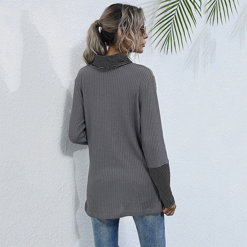 Loose Waffle Knit Tunic with Stacked Collar and Button Detail