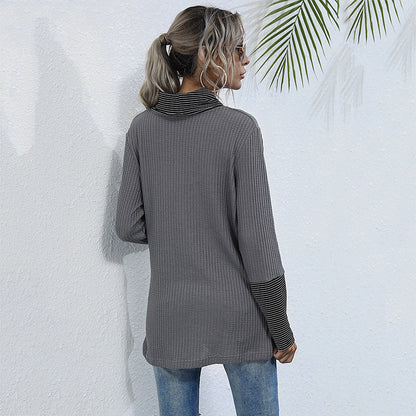 Loose Waffle Knit Tunic with Stacked Collar and Button Detail