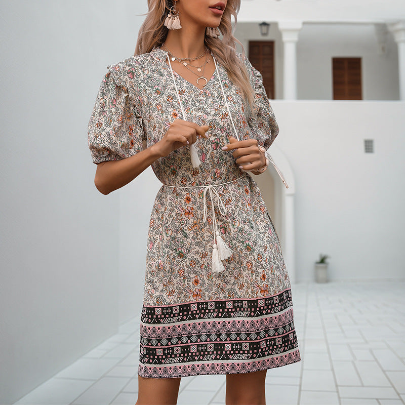 Floral A-Line Mini Dress with Puff Sleeves and Tassel Tie
