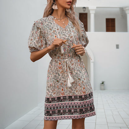Floral A-Line Mini Dress with Puff Sleeves and Tassel Tie
