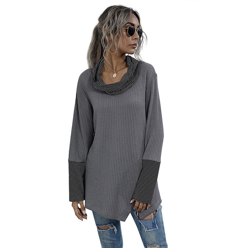 Loose Waffle Knit Tunic with Stacked Collar and Button Detail