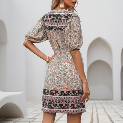 Floral A-Line Mini Dress with Puff Sleeves and Tassel Tie