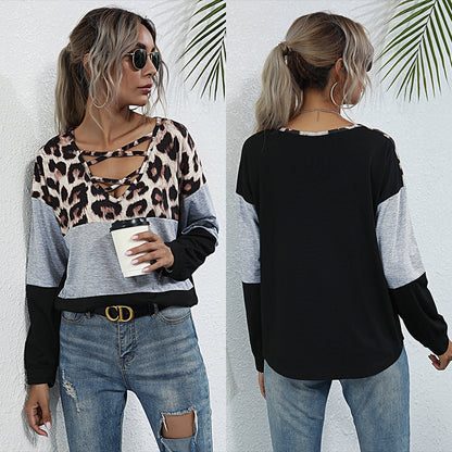 Leopard Print Color-Block Top with Criss-Cross Neckline