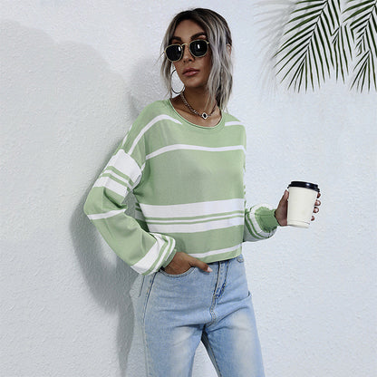 Striped Cropped Knit Sweater with Crewneck