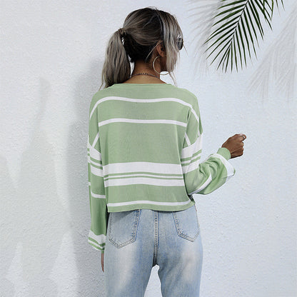 Striped Cropped Knit Sweater with Crewneck
