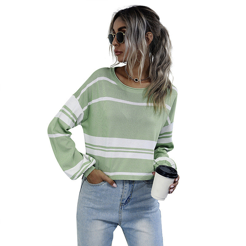 Striped Cropped Knit Sweater with Crewneck