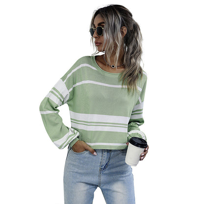 Striped Cropped Knit Sweater with Crewneck
