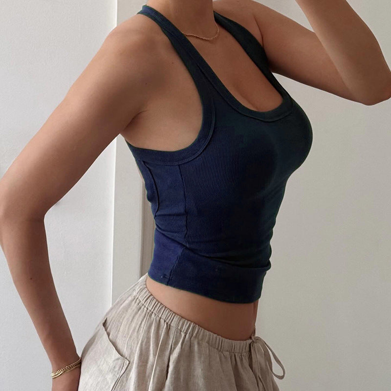 Slim Fit Ribbed Tank Top with U-Neck and T-Strap Back