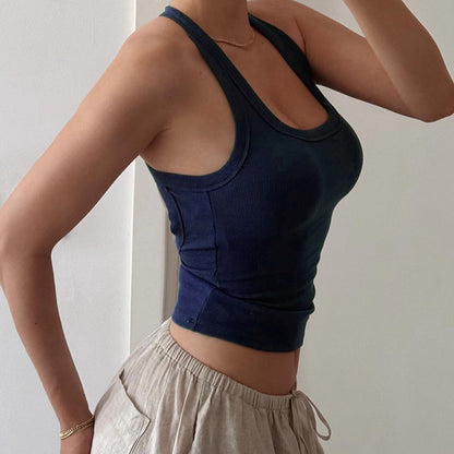 Slim Fit Ribbed Tank Top with U-Neck and T-Strap Back