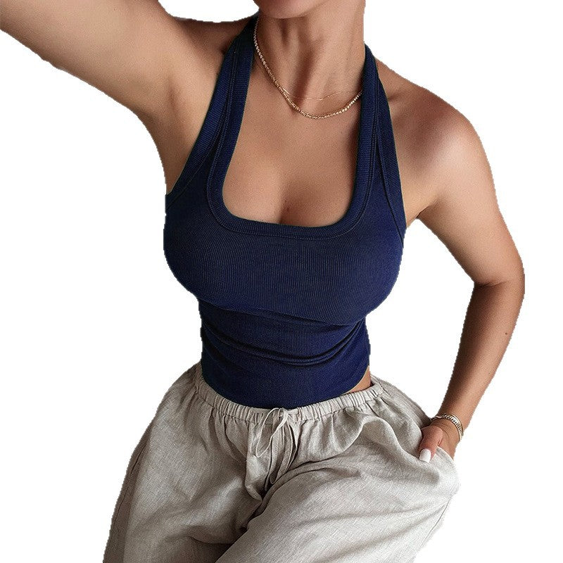 Slim Fit Ribbed Tank Top with U-Neck and T-Strap Back